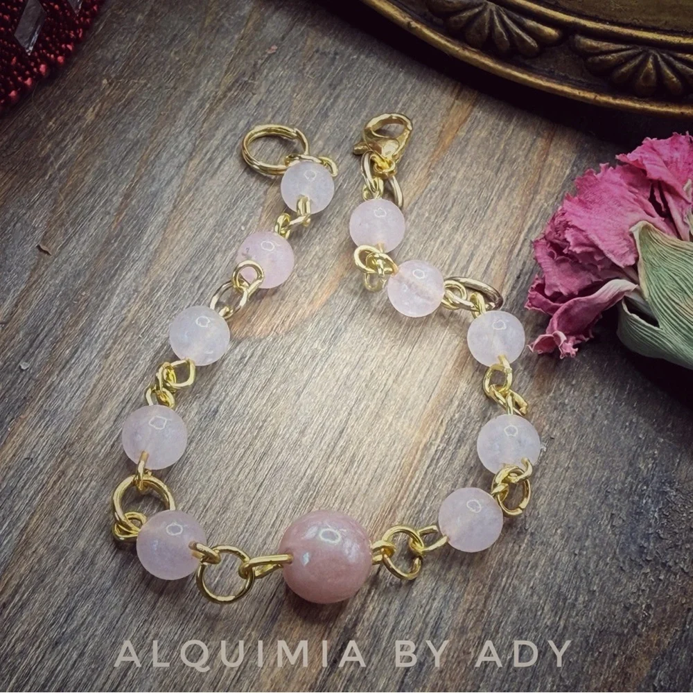 Peach MOONSTONE Rose Quartz and Gold Bracelet SOFT ALQUIMIA